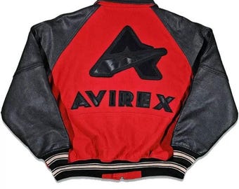 Chaqueta bomber universitaria de cuero Avirex vintage de los años 90. Piel de vaca auténtica. Cuerpo de lana premium y mangas de cuero. Chaqueta Avirex de regalo.