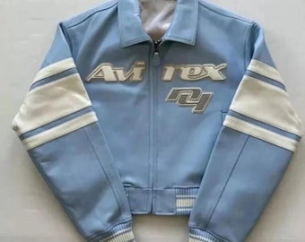Avirex Bomber Jacket Retro Light Blue White Genuine Cowhide Leather Jacket Unisex Vintage Style Letterman Jacket Avirex Leather Jacket Gift