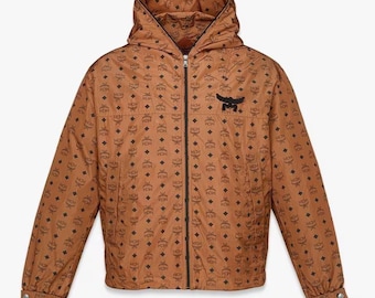 MCM Monogram Luxury Leather Hooded Windbreaker Jacket Genuine Cowhide Leather Material Streetwear Fashion Hoodie Coat Best Gift