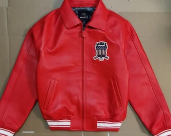 Chaqueta de cuero roja Avirex USA para hombre, estilo bomber, cierre icónico de cremallera, estilo vintage, ropa urbana, cuero vacuno genuino, abrigo de moda, regalo