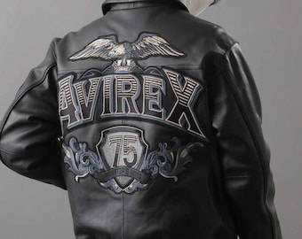 Avirex 75th Anniversary Aviator’s King Black Leather Jacket Cowhide Leather Eagle Back Patch Vintage Varsity Style Avirex Streetwear Jacket