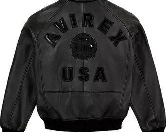 Chaqueta de cuero negra premium Avirex USA, estilo bomber clásico, ropa de calle y moda de invierno para unisex, chaqueta negra estilo vintage Avirex, regalo