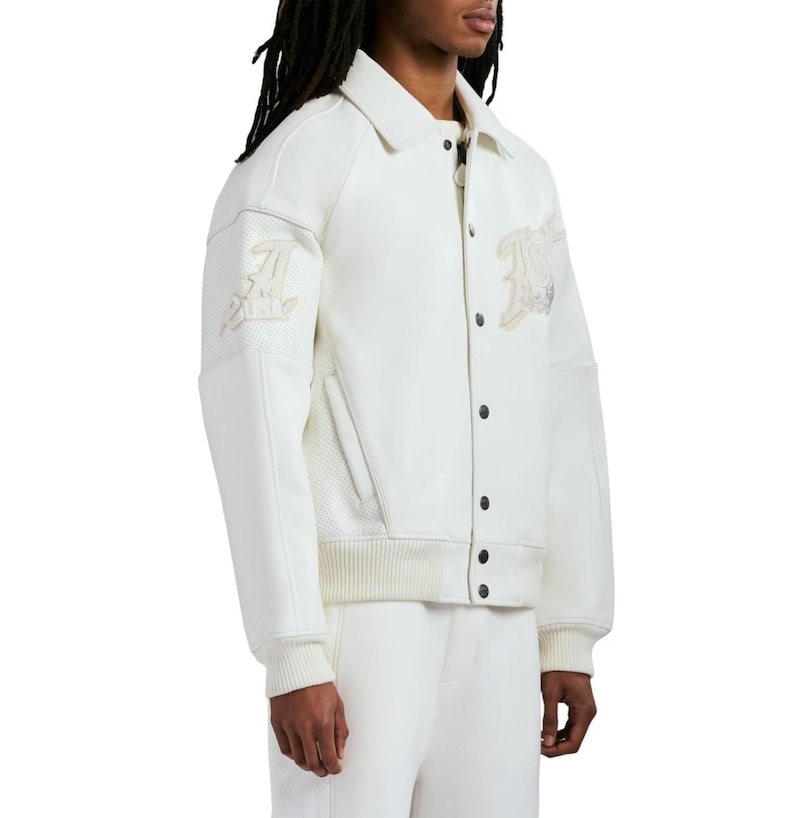 Chaqueta bomber de cuero blanco Avirex con logo bordado Gold Club, piel de vaca auténtica perforada, chaqueta de motociclista, regalo de cumpleaños para él imagen 4