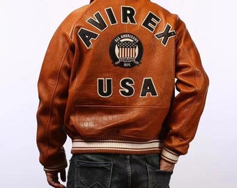 Chaqueta de cuero estilo bombardero Avirex USA Icon Brown, piel de vaca auténtica, chaqueta de moda militar americana Avirex, regalo para él