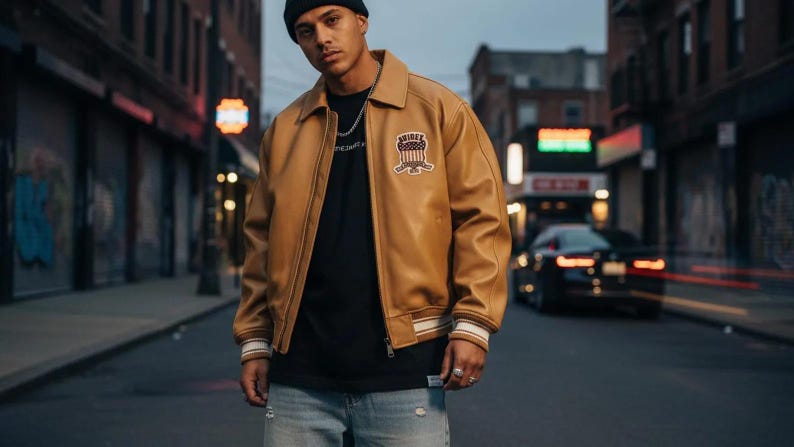 K&ouml;nnte beinhalten: Hellbraune Lederjacke mit Kragen, schwarzes T-Shirt und hellblaue Jeans. Die Jacke hat einen Aufn&auml;her auf der Brust und wei&szlig;-beige gestreifte Manschetten. Die Person tr&auml;gt eine schwarze M&uuml;tze und eine silberne Kette.