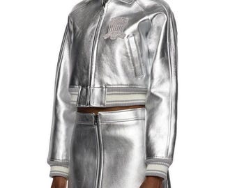 Avirex USA Icon Silver Women Bomber Leather Jacket Ladies Varsity Style Jacket Or Skirt Genuine Cowhide Leather Women Fashion Street Wear
