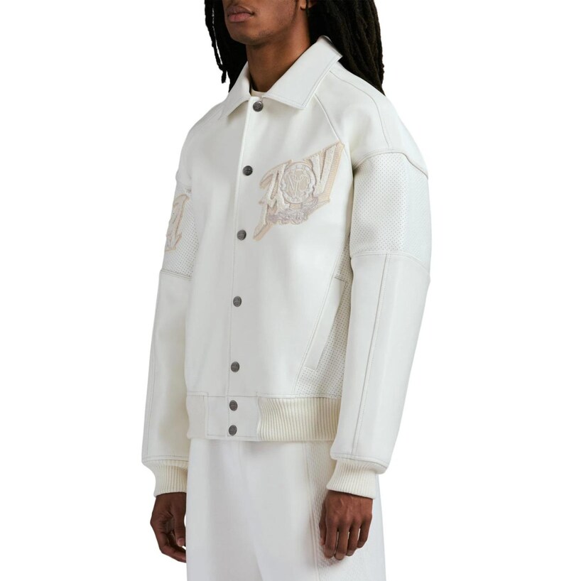 Chaqueta bomber de cuero blanco Avirex con logo bordado Gold Club, piel de vaca auténtica perforada, chaqueta de motociclista, regalo de cumpleaños para él imagen 6
