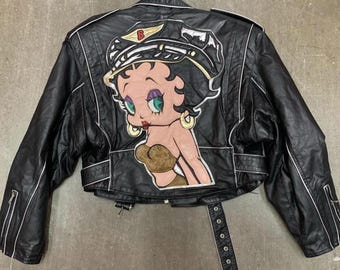 Betty Boop Vintage Style Lederjacke Echtes Rindsleder Schwarz Übergroße Leder Bikerjacke Unisex Streetwear Jacke bestes Geschenk für Sie / Ihn