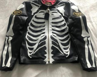 Vanson Skeleton Leather Jacket | Handmade Cowhide Biker Jacket | Bone Print Halloween Streetwear Moto Jacket for Men & Women Jacket Gift