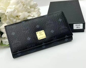 MCM inspirierte Cognac Visetos Brieftasche für Damen - lange Leder-Clutch mit Monogramm, Münzfach, Kartenhalter, Luxusdesigner-Geschenk für Sie