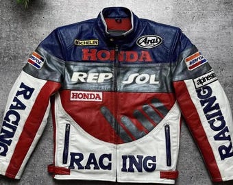 HONDA REPSOL Racing Lederjacke | Herren Motorrad Bikerjacke Blau Rot Weiß | Geschenk | Motorradfahrer