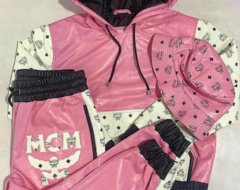 MCM Style Leather Tracksuit + Matching Bucket Hat | Luxury Hip Hop Outfit | Men’s & Women’s Streetwear Set gift for her
