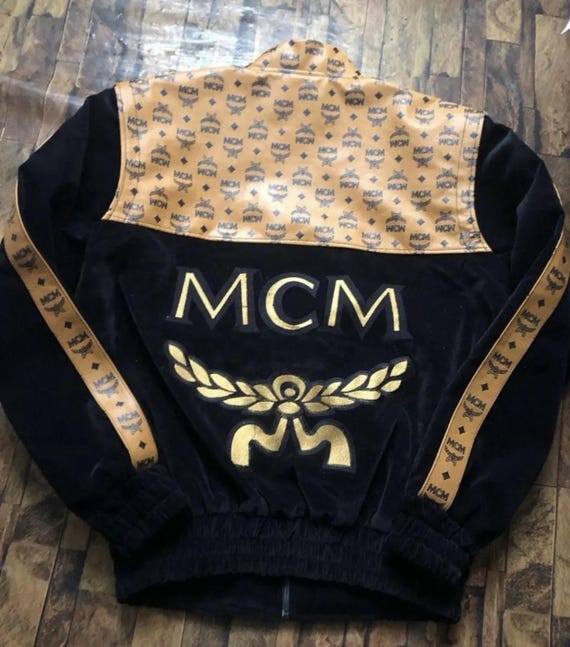 Vintage Style MCM Jacket | Black & Tan Logo Design | Unisex Streetwear Luxury Bomber | Retro 90s Style MCM Coat Streetwear Apparel Gift
