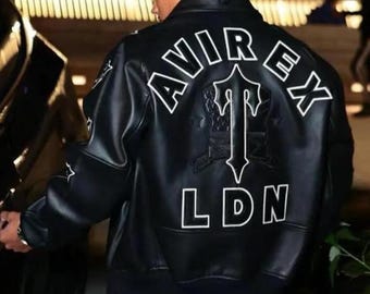 Chaqueta bomber Avirex LDN de cuero genuino negro, ropa de calle universitaria premium para hombre, ropa de abrigo de moda, chaqueta hecha a mano personalizada, chaqueta de cuero Avirex