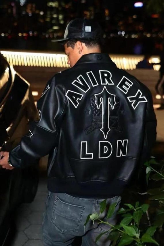 Avirex LDN ブラック本革ボンバージャケット プレミアムバーシティ