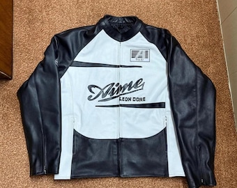Aime Leon Dore Leather Café Racer Jacket Black White Motorcycle Jacket Original Cowhide Leather Biker Racing Jacket Best Gift for him or her