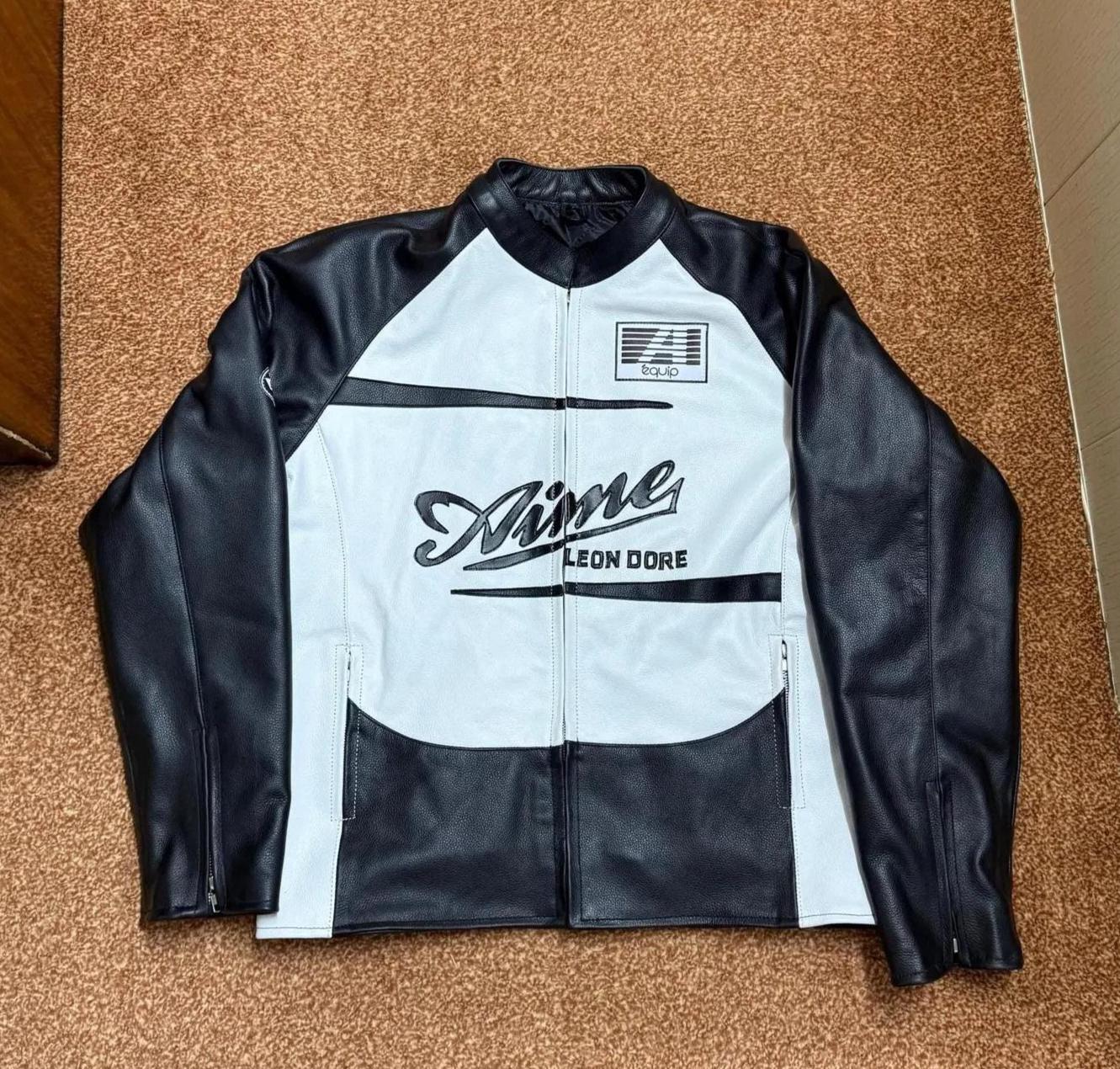 Aime Leon Dore Leather Café Racer Jacket Black White Motorcycle