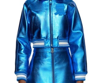 Avirex Cropped Metallic Blue Lederjacke & Rock Set Damen Zweiteiler Outfit Avirex Damen Bomber Militär Lederjacke Rock