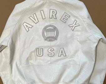 Chaqueta Avirex de piel blanca con relieve de cocodrilo, estilo bomber universitario de EE. UU., chaqueta de piel de vaca auténtica, estilo urbano, regalo para él