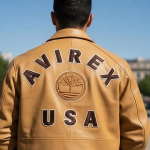 K&ouml;nnte beinhalten: Hellbraune Lederjacke mit dem Wort "AVIREX" in braunen Buchstaben auf dem R&uuml;cken. Darunter steht das Wort "USA". Ein kreisf&ouml;rmiges Emblem mit einem Baumdesign befindet sich unter dem Text "AVIREX".