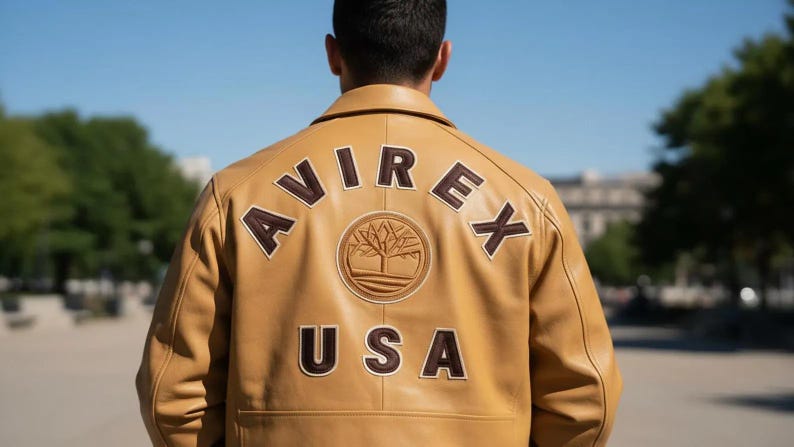 K&ouml;nnte beinhalten: Hellbraune Lederjacke mit dem Wort "AVIREX" in braunen Buchstaben auf dem R&uuml;cken. Darunter steht das Wort "USA". Ein kreisf&ouml;rmiges Emblem mit einem Baumdesign befindet sich unter dem Text "AVIREX".