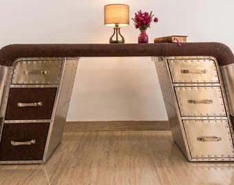Aviator Executive Desk, Industrial Aluminum & Leather Workstation, Pilot Inspired Office Furniture