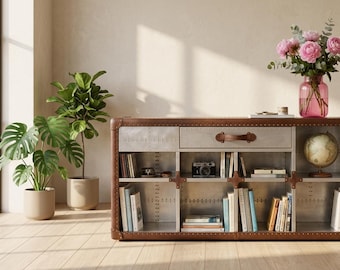 Boekenkast Aviator, handgeslagen aluminium, plank voor thuiskantoor met één lade