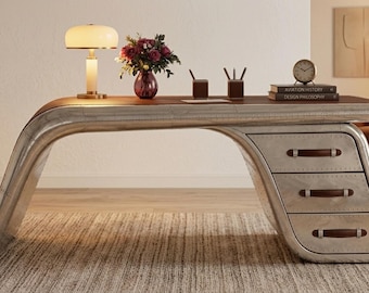 Industrial Aviator Wing Desk Handcrafted Aluminum Style with Leather Top finish Office Furniture