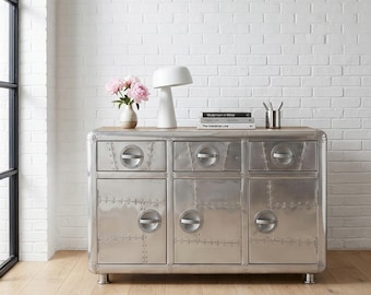 Aviator Trunk Cabinet Vintage Aluminum Sideboard with Hidden Storage
