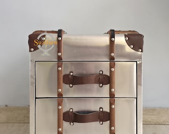 Aviator Aluminum Trunk End Table, Industrial Nightstand with 2 Drawers, Vintage Style Riveted Metal Bedside Table