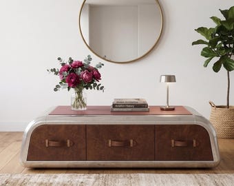 Mesa de centro de cuero vintage estilo aviador, mesa de salón estilo industrial con forma de avión y baúl