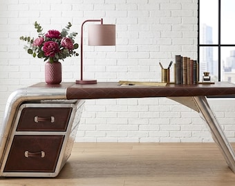 Aviator Wing Desk with Leather Accents Handcrafted Aluminum Executive Desk Industrial Aviation Office Furniture