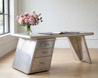 Aviator Wing Desk - Industrial Aluminum Executive Desk Aviation Inspired Office Furniture Wing Shaped Home Office Desk with Drawers