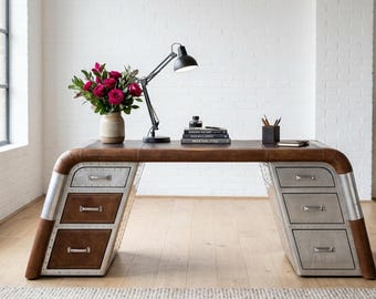 Aviator Chefschreibtisch, industrielle Arbeitsstation aus Aluminium & Leder, von Piloten inspirierte Büromöbel