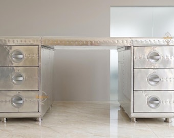 Aviator Chefschreibtisch, industrielle Aluminium-Arbeitsstation, von Piloten inspirierte Vintage-Büromöbel