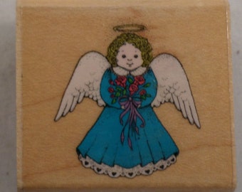 Destash Black and White Cute Angel Kitty Cat with wings and halo Rubber Stamp with Wooden Base
