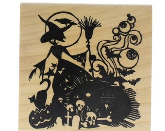 Inkadinkado Halloween Witch Brew Silhouette Cauldron Wooden Rubber Stamp