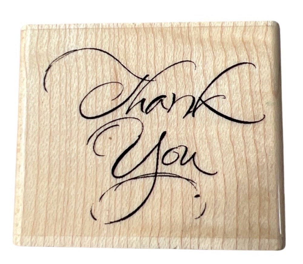 Thank You Hampton Art Cursive Swirls Words Writing Wooden Rubber