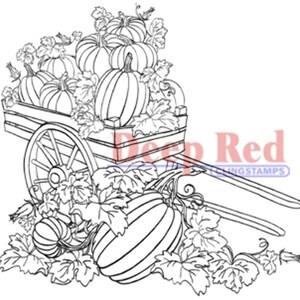 May include: A black and white line drawing of a wooden wagon filled with pumpkins. The wagon has a single wheel and is pulled by a long handle. The pumpkins are arranged in a pile and are surrounded by leaves.