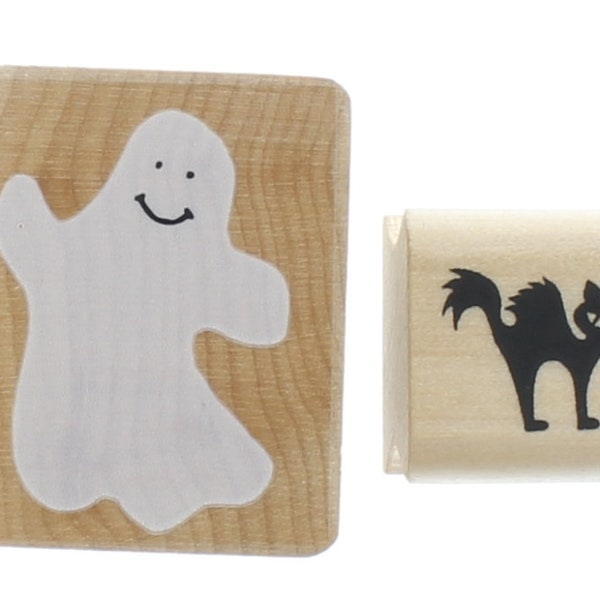 Halloween Ghost and Black Cat A Muse Pair of Wooden Rubber Stamp