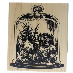May include: A black and white illustration of a glass dome with a sign that reads "Pumpkin Patch" inside. The dome contains pumpkins, corn stalks, and other fall foliage.