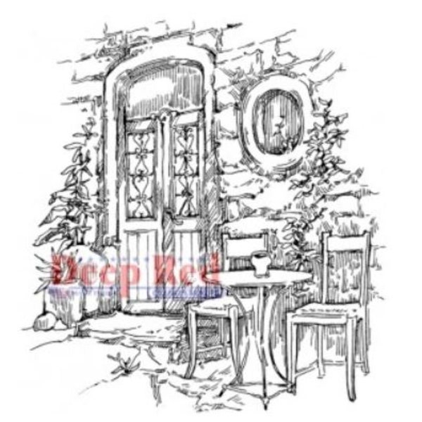 Deep Red Rubber Stamp Dining Alfresco Table and Chairs Courtyard Scene