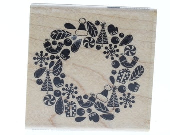 Hampton Art Holiday Partridge Wreath Ellen Krans Wooden Rubber Stamp