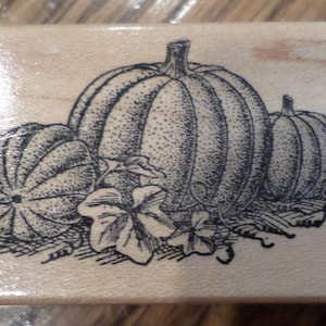 May include: A wood-mounted rubber stamp with a black and white design of three pumpkins. The pumpkins are arranged in a cluster with leaves and vines surrounding them.