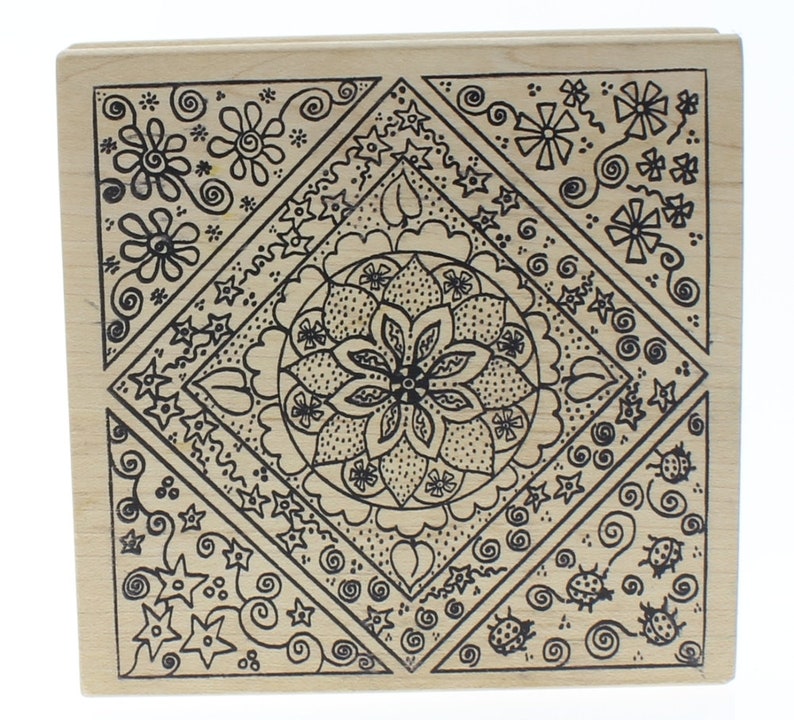 Magenta Floral Flower and Swirl Frame Stamp Collage Wooden Rubber Stamp
