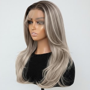 13x4 Lace Front Wig | Ash Blonde Balayage with Shadow Root, Straight Layered | Heat-Resistant Synthetic, Glueless, Realistic Hairline