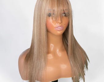 Peluca frontal de encaje liso rubio beige con flequillo / Peluca sintética frontal de 18 pulgadas 13x4 / Peluca de encaje humano resistente al calor sin pegamento