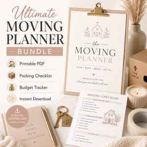 May include: A printable moving planner bundle featuring a clipboard with the title Ultimate Moving Planner, a moving checklist, a notebook labeled New Home New Beginnings, a gold pen, and a house-shaped keychain with the text New Beginnings.
