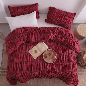 Wine Red Cinched Duvet Cover Set, Ruffled Ruched Bedding, Boho Farmhouse Comforter Cover, Soft Cotton Bedding Set, King Queen Full