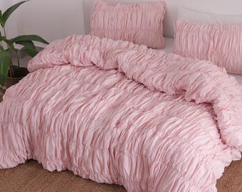 Pink Cotton Duvet Cover Set | Cinched Wrinkle Duvet Cover | Blush Shabby Chic Comforter Cover | Boho Queen King Twin Dorm Bedding Set